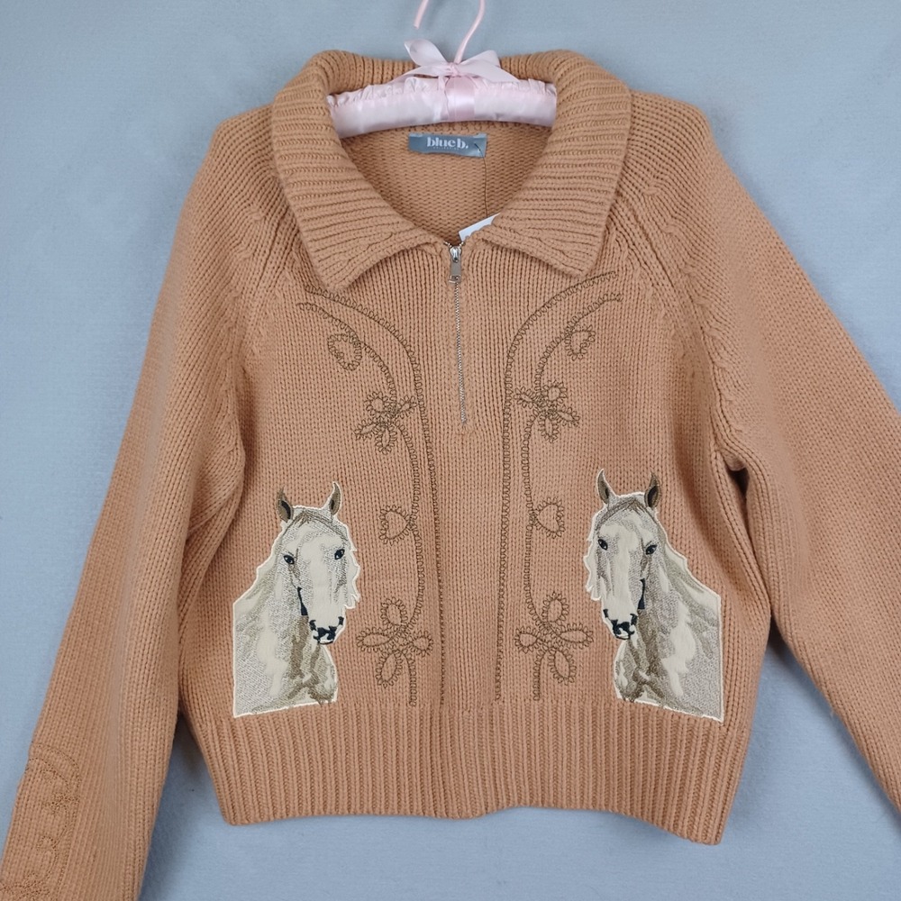 Blue B Collection L Horse Sweater Western Cowgirl Embroidered 1/4 Zip Cropped